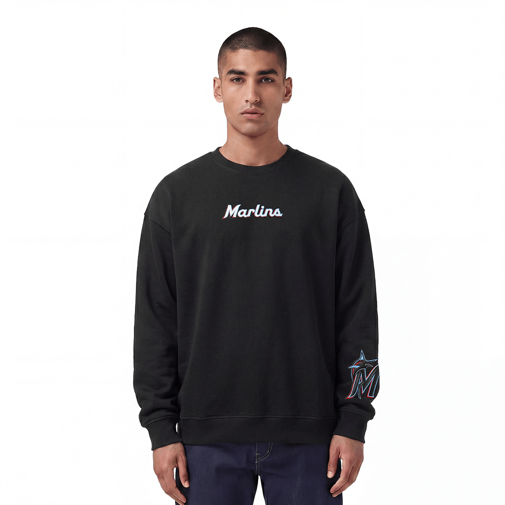 MLB MIAMI MARLINS WINGSPAN MEN'S DROP SHOULDER FLEECE CREWNECK (BLACK)