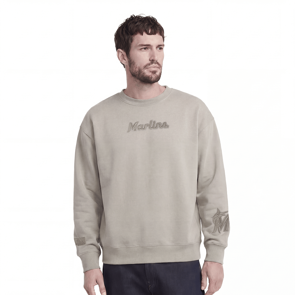 MLB MIAMI MARLINS WINGSPAN MEN'S DROP SHOULDER FLEECE CREWNECK (TAUPE)