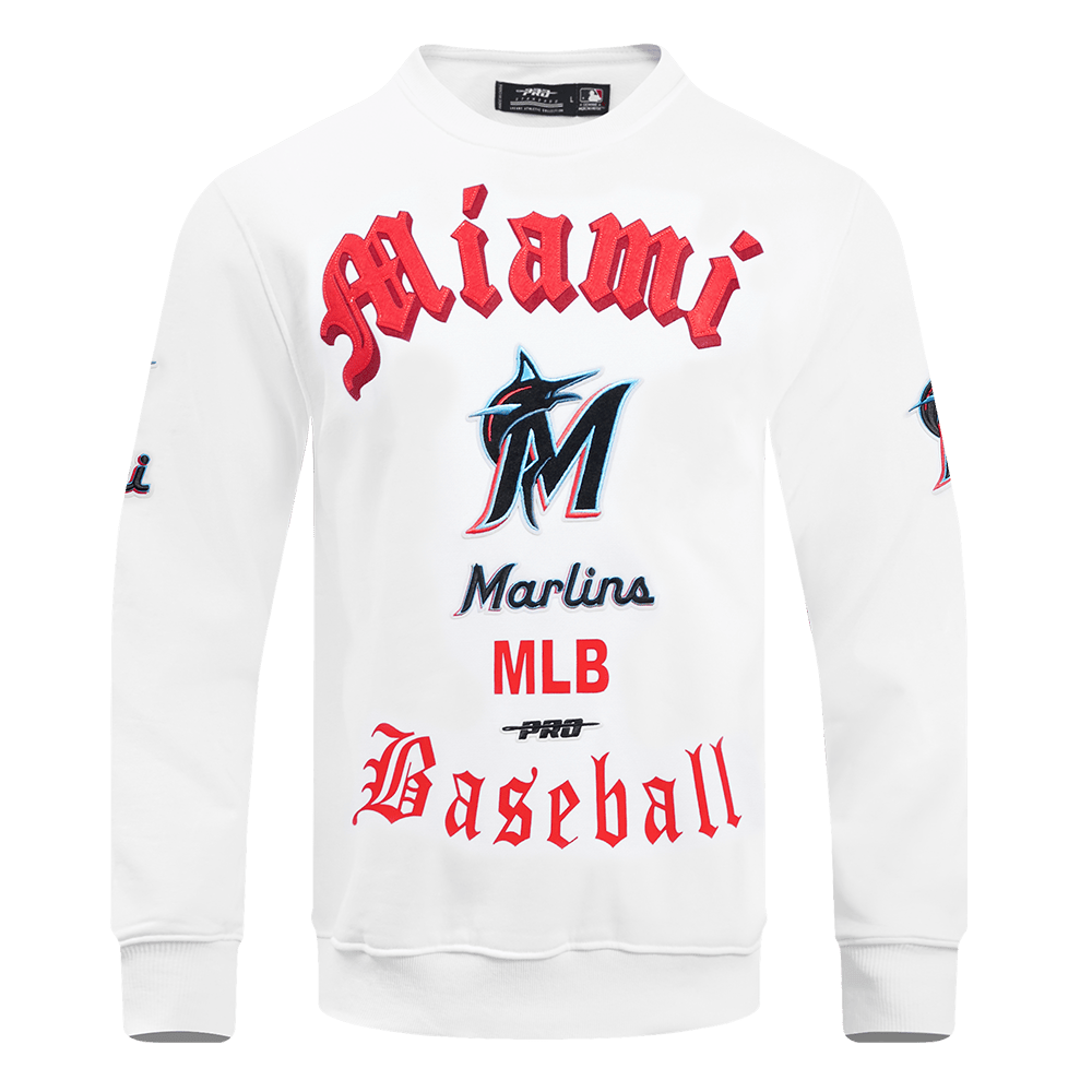 MLB MIAMI MARLINS OLD ENGLISH PARA HOMBRE, CUELLO REDONDO (BLANCO)