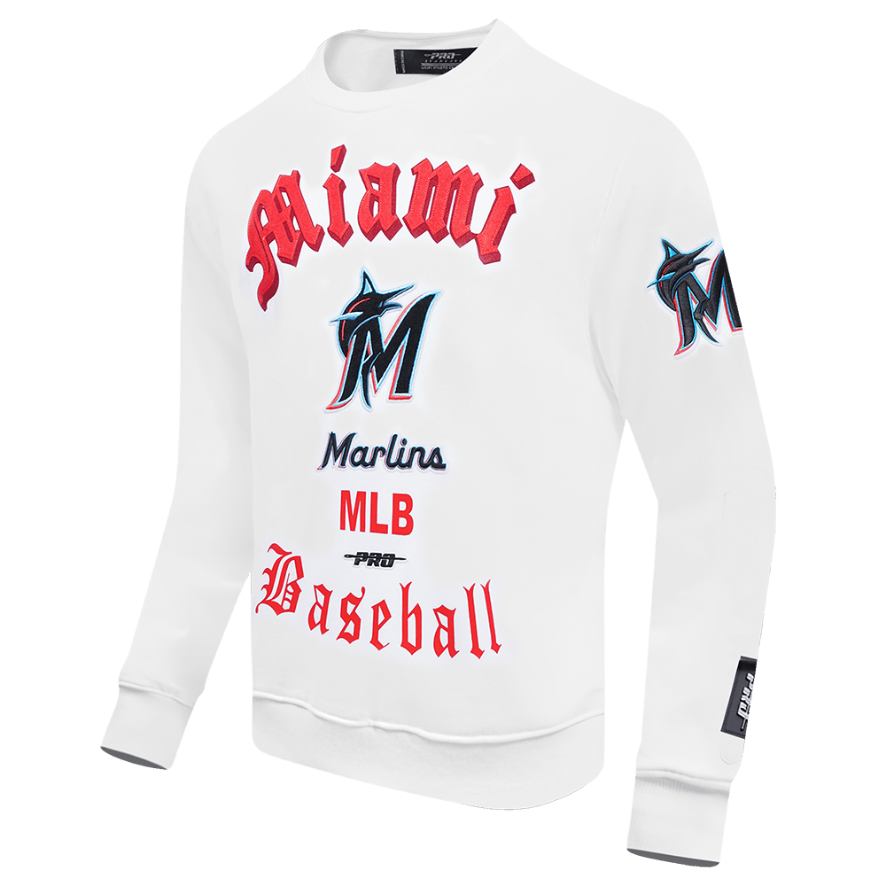 MLB MIAMI MARLINS OLD ENGLISH PARA HOMBRE, CUELLO REDONDO (BLANCO)