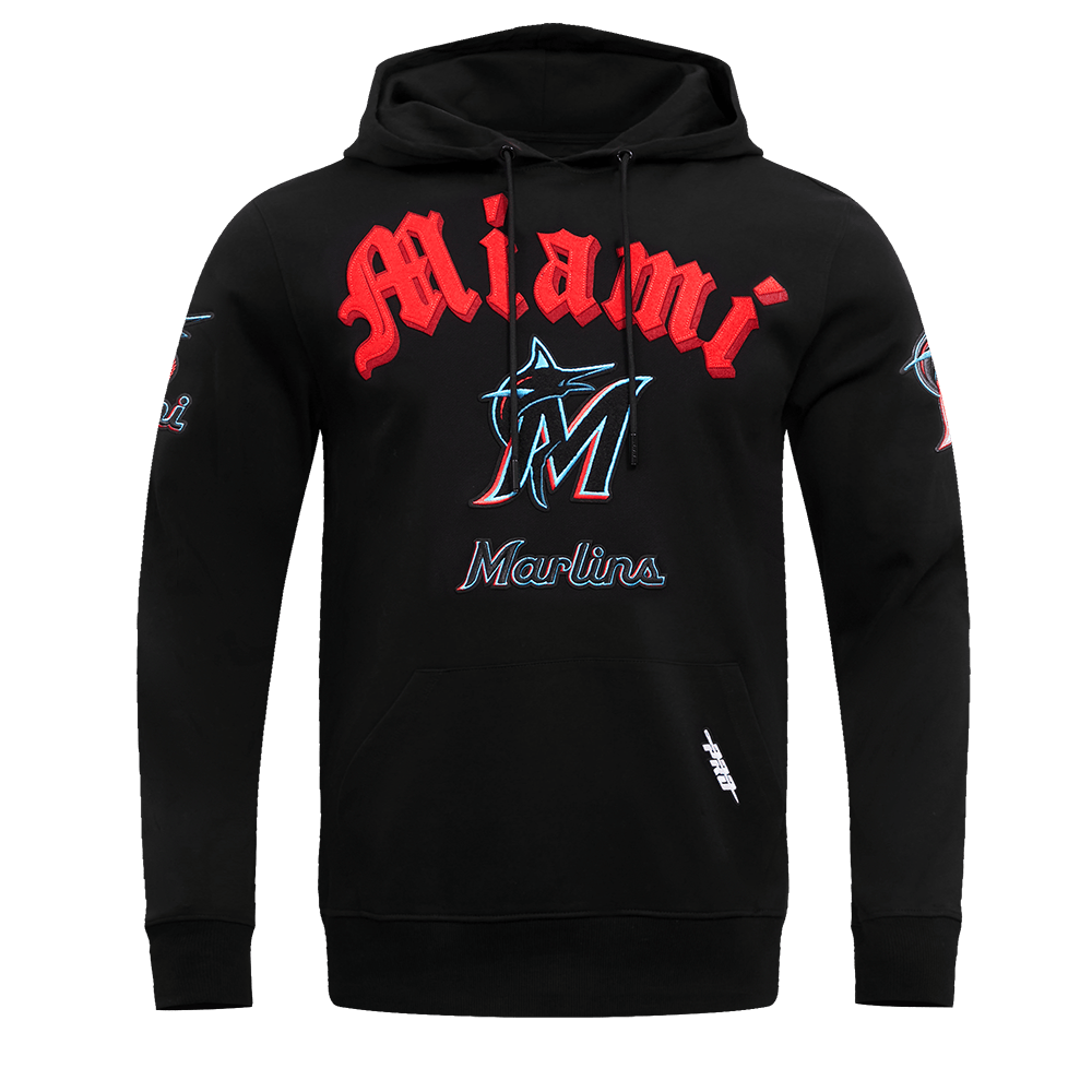 MLB MIAMI MARLINS OLD ENGLISH MEN'S PULLOVER HOODIE (BLACK)