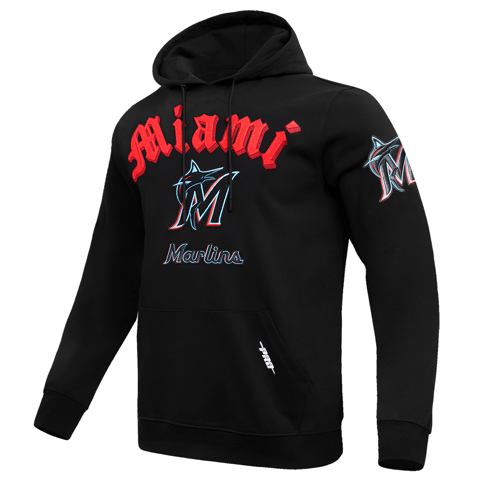MLB MIAMI MARLINS OLD ENGLISH MEN'S PULLOVER HOODIE (BLACK)
