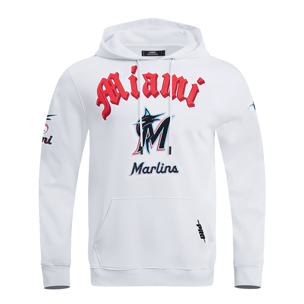 MLB MIAMI MARLINS OLD ENGLISH MEN'S PULLOVER HOODIE (WHITE)