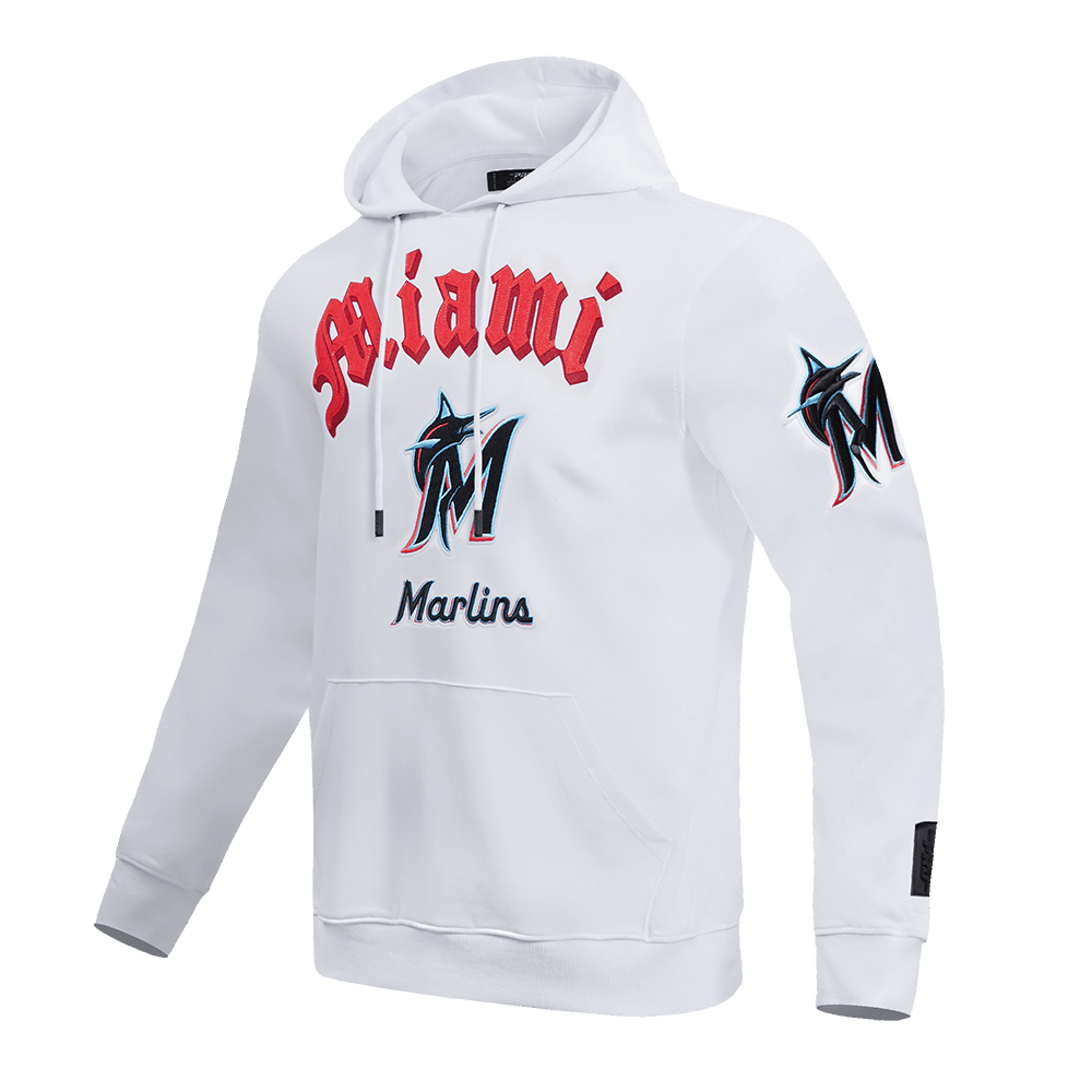 MLB MIAMI MARLINS OLD ENGLISH MEN'S PULLOVER HOODIE (WHITE)