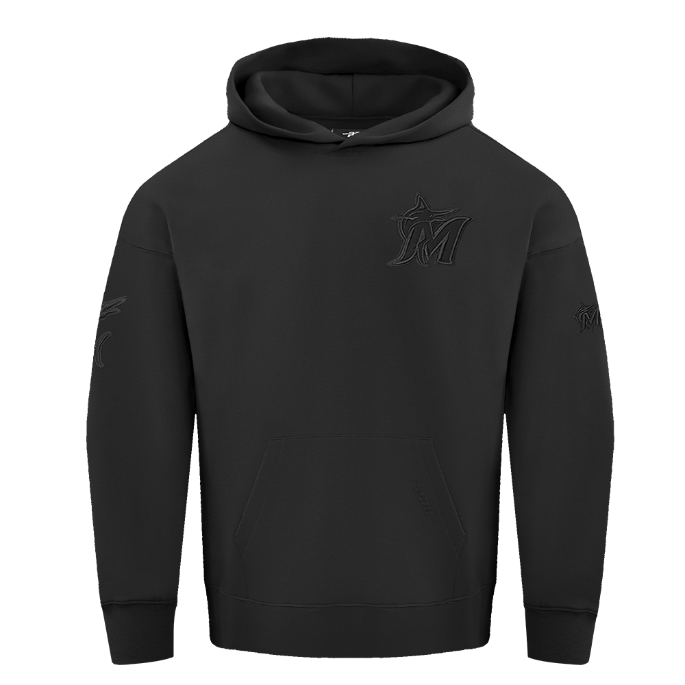MLB MIAMI MARLINS SUDADERA CON CAPUCHA UNISEX PARA HOMBRE DE HOMBROS CAÍDOS (NEGRA)