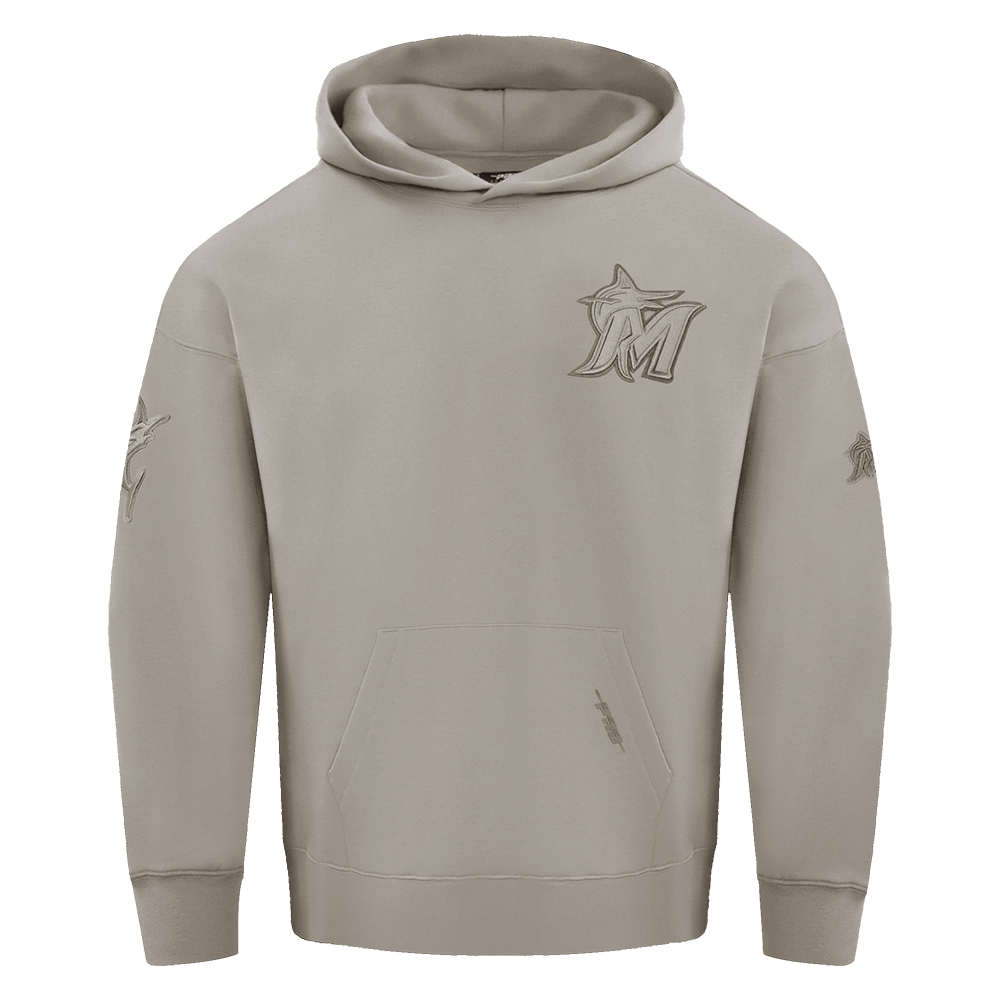 MLB MIAMI MARLINS SUDADERA CON CAPUCHA PARA HOMBRE DE COLOR NEUTRO CON HOMBROS CAÍDOS (BEIGE)