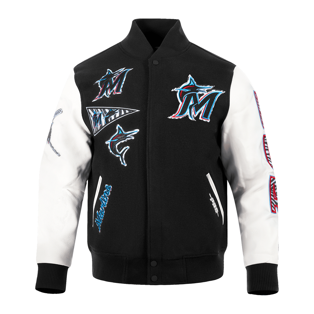 MLB MIAMI MARLINS ANIMAL PRINT MEN'S WOOL VARSITY JACKET (BLACK/WHITE M60030)