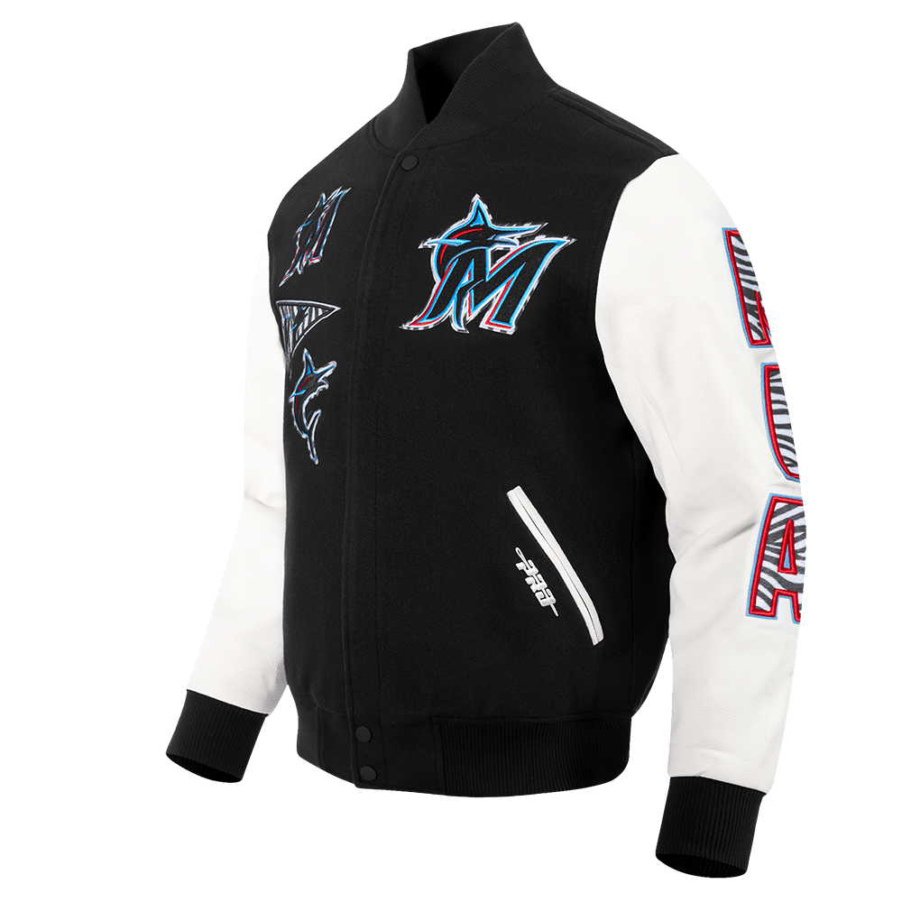 MLB MIAMI MARLINS ANIMAL PRINT MEN'S WOOL VARSITY JACKET (BLACK/WHITE M60030)