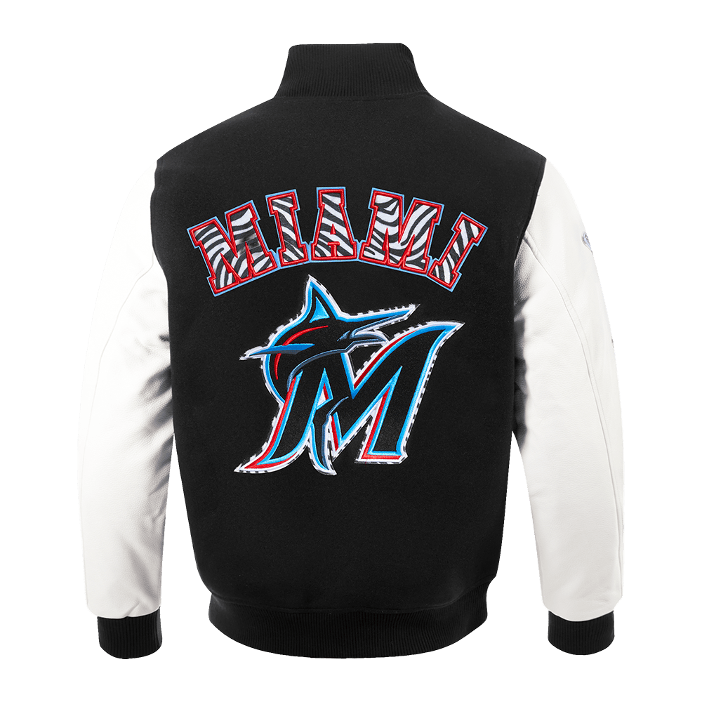 MLB MIAMI MARLINS ANIMAL PRINT MEN'S WOOL VARSITY JACKET (BLACK/WHITE M60030)