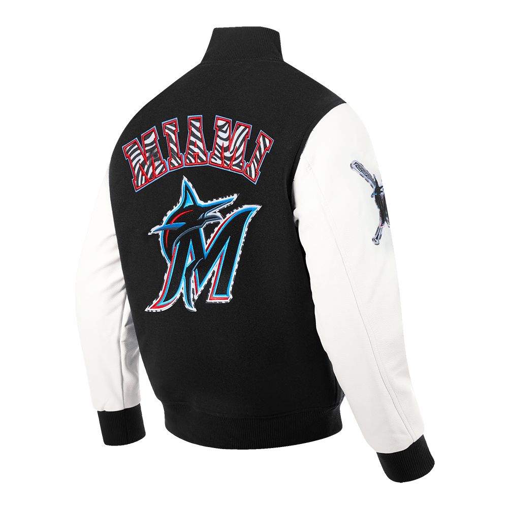 MLB MIAMI MARLINS ANIMAL PRINT MEN'S WOOL VARSITY JACKET (BLACK/WHITE M60030)