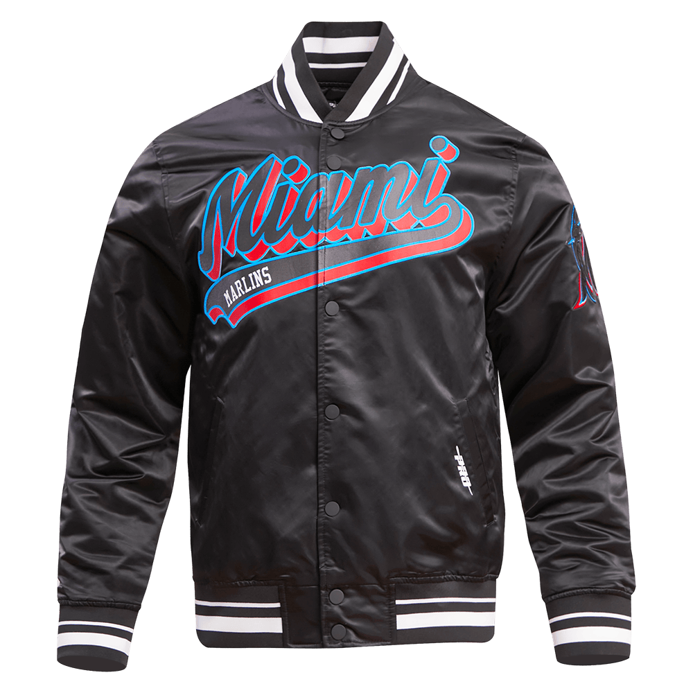 MLB MIAMI MARLINS SCRIPT TAIL MEN'S SATIN JACKET (BLACK)