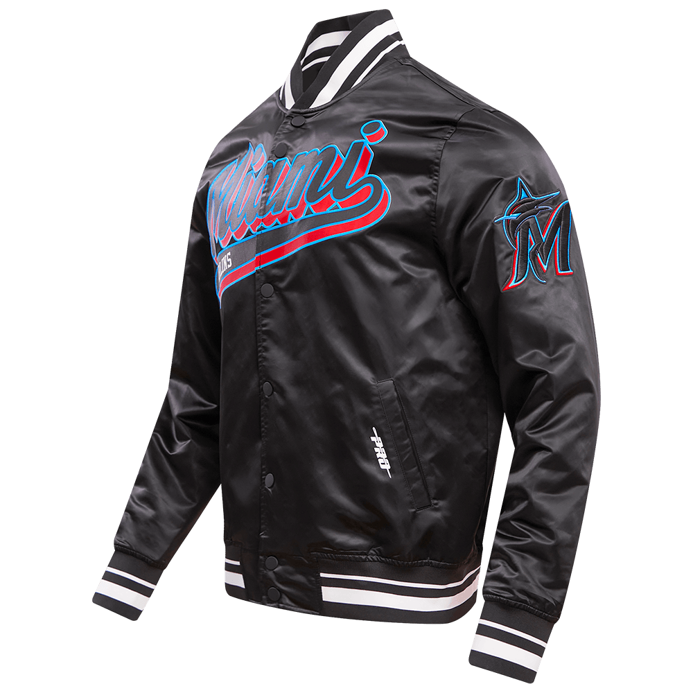 MLB MIAMI MARLINS SCRIPT TAIL MEN'S SATIN JACKET (BLACK)