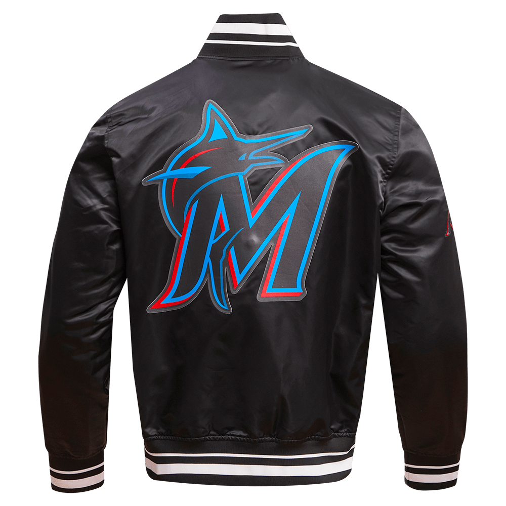 MLB MIAMI MARLINS SCRIPT TAIL MEN'S SATIN JACKET (BLACK)