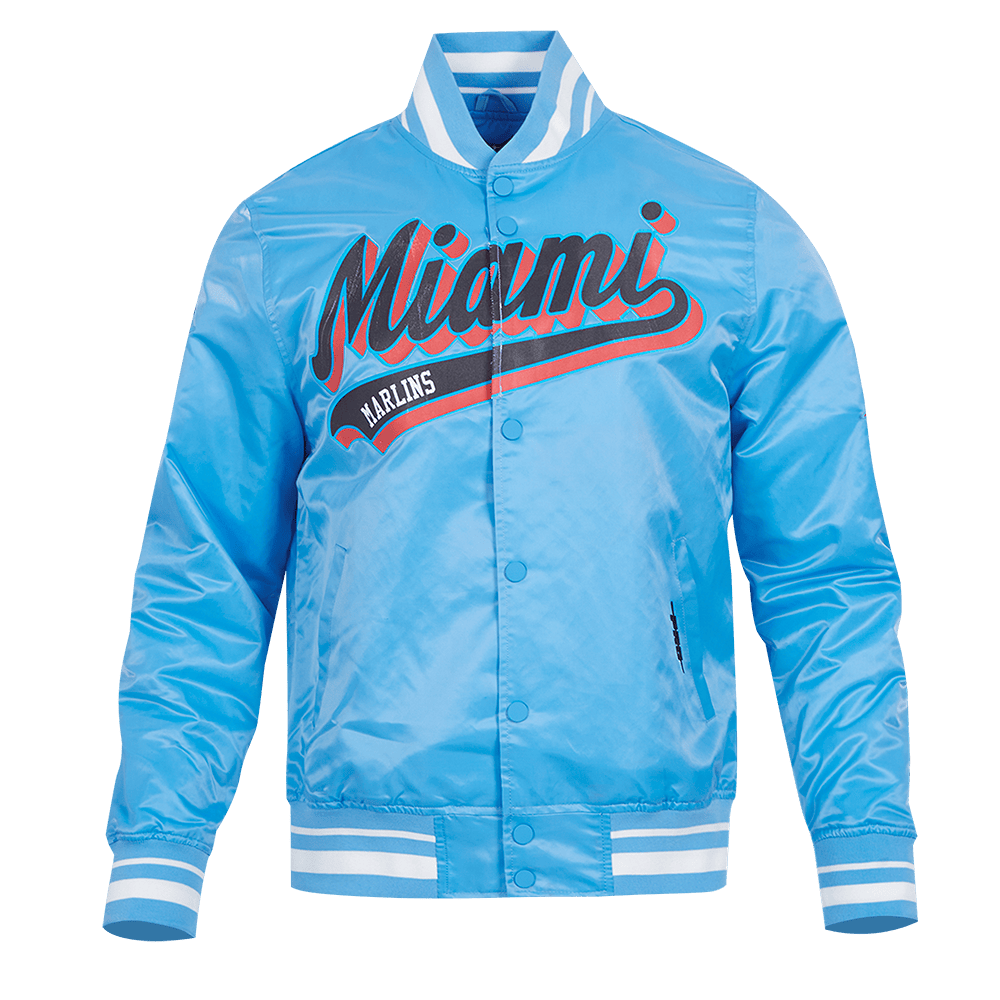 MLB MIAMI MARLINS SCRIPT TAIL MEN'S SATIN JACKET (UNIVERSITY BLUE)