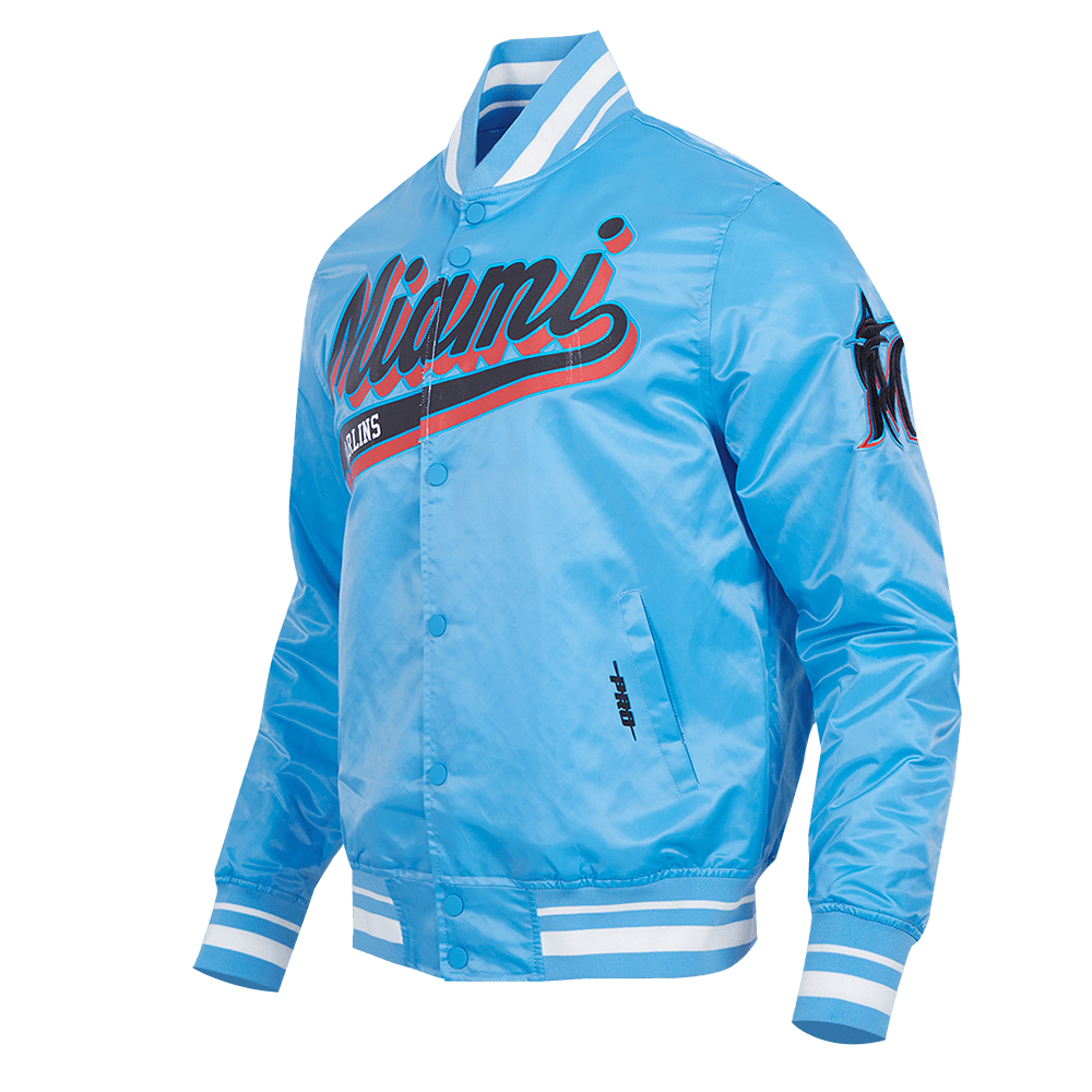 MLB MIAMI MARLINS SCRIPT TAIL MEN'S SATIN JACKET (UNIVERSITY BLUE)