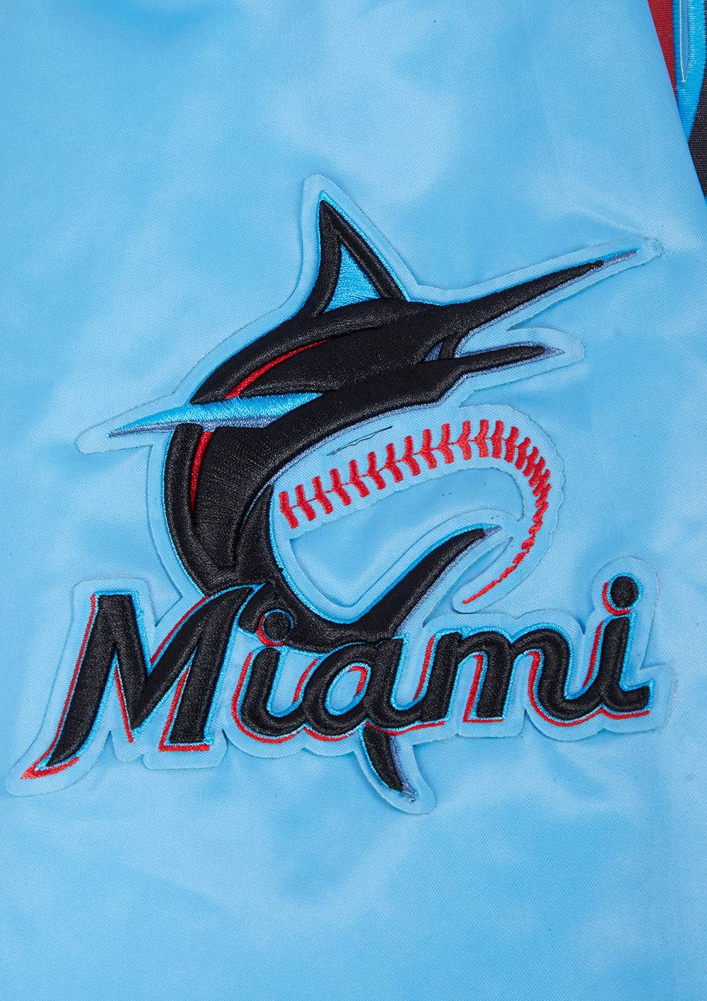 MLB MIAMI MARLINS SCRIPT TAIL MEN'S SATIN JACKET (UNIVERSITY BLUE)