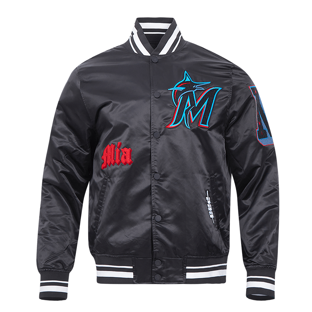 MLB MIAMI MARLINS OLD ENGLISH MEN'S RIB SATIN JACKET (BLACK)