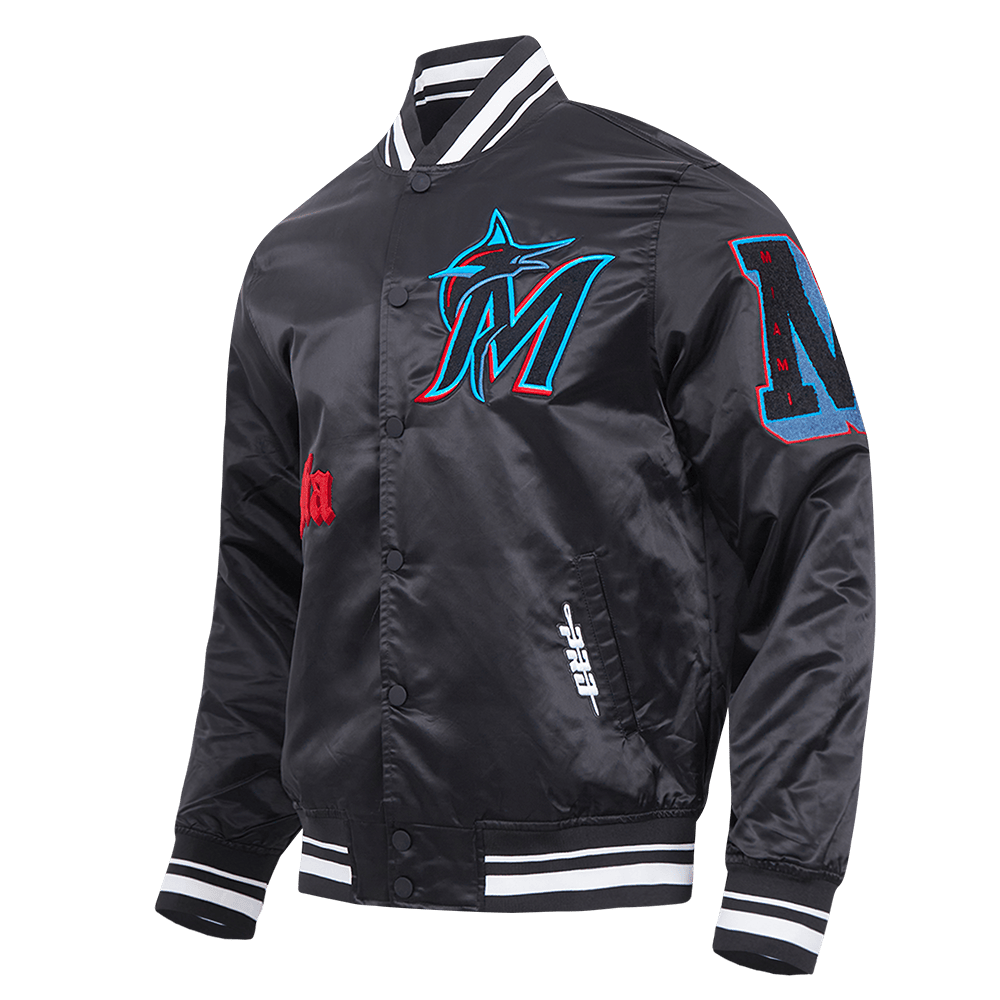 MLB MIAMI MARLINS OLD ENGLISH MEN'S RIB SATIN JACKET (BLACK)