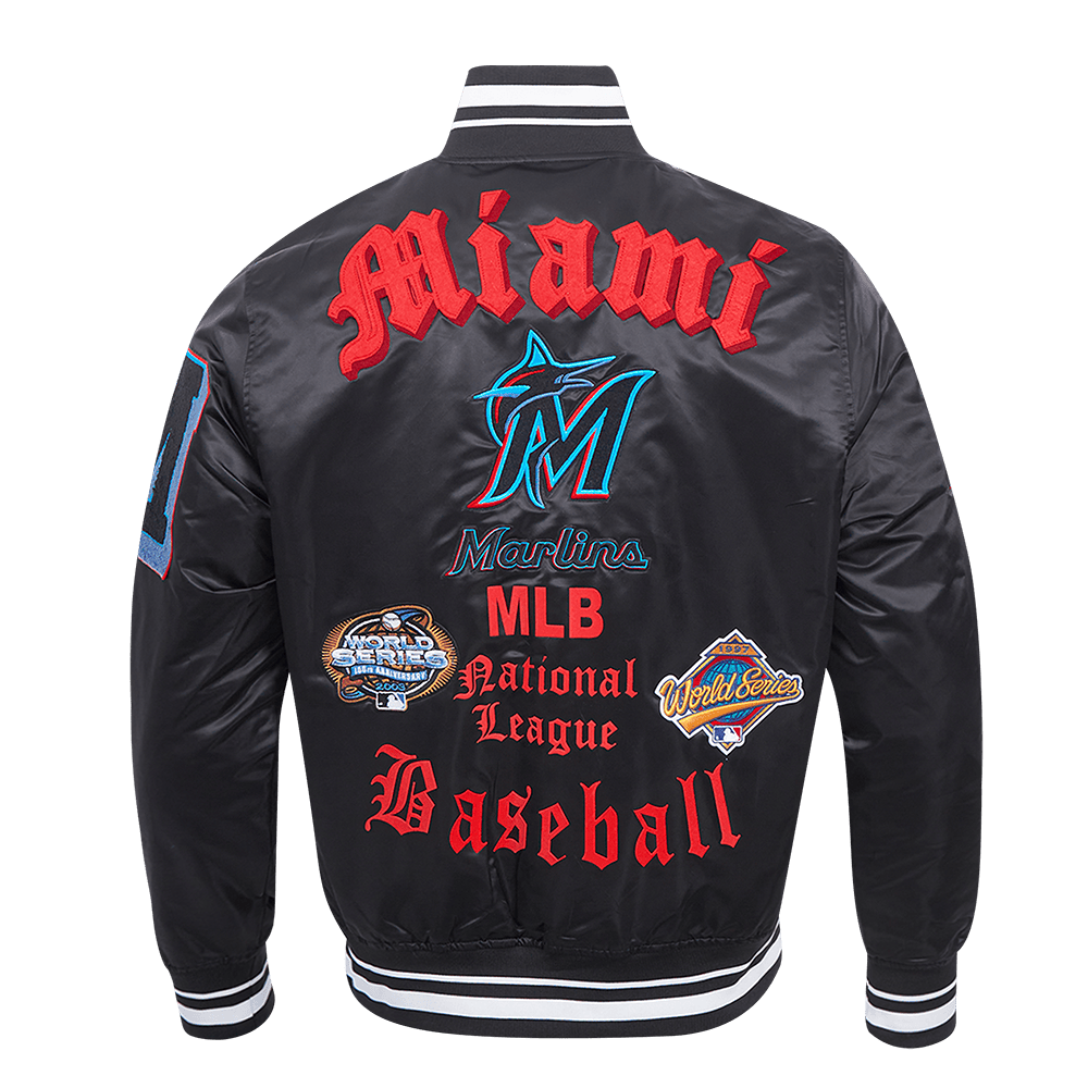 MLB MIAMI MARLINS OLD ENGLISH MEN'S RIB SATIN JACKET (BLACK)