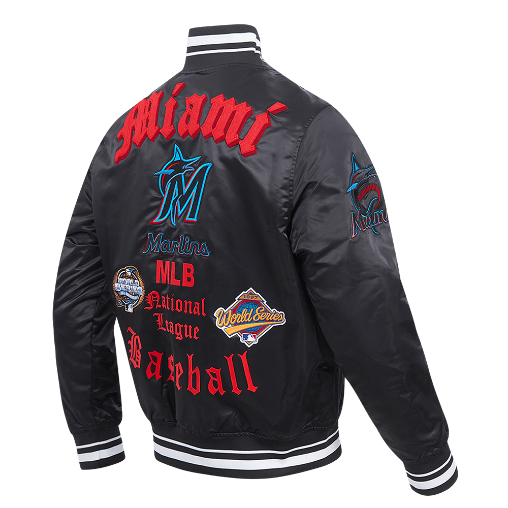 MLB MIAMI MARLINS OLD ENGLISH MEN'S RIB SATIN JACKET (BLACK)