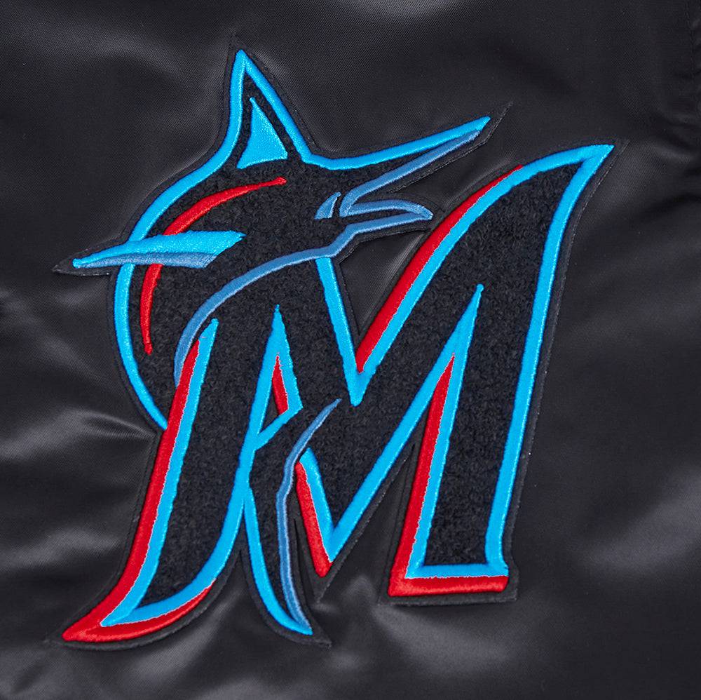 MLB MIAMI MARLINS OLD ENGLISH MEN'S RIB SATIN JACKET (BLACK)