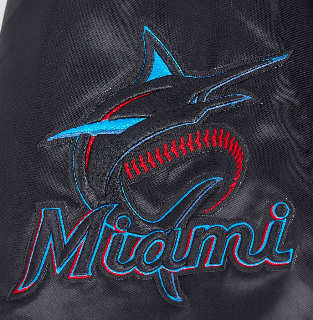 MLB MIAMI MARLINS OLD ENGLISH MEN'S RIB SATIN JACKET (BLACK)