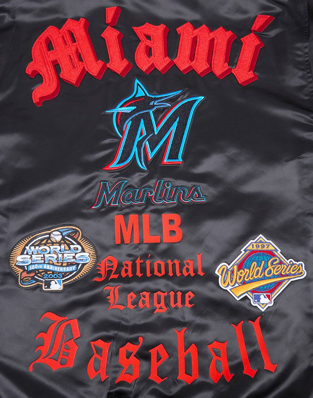 MLB MIAMI MARLINS OLD ENGLISH MEN'S RIB SATIN JACKET (BLACK)