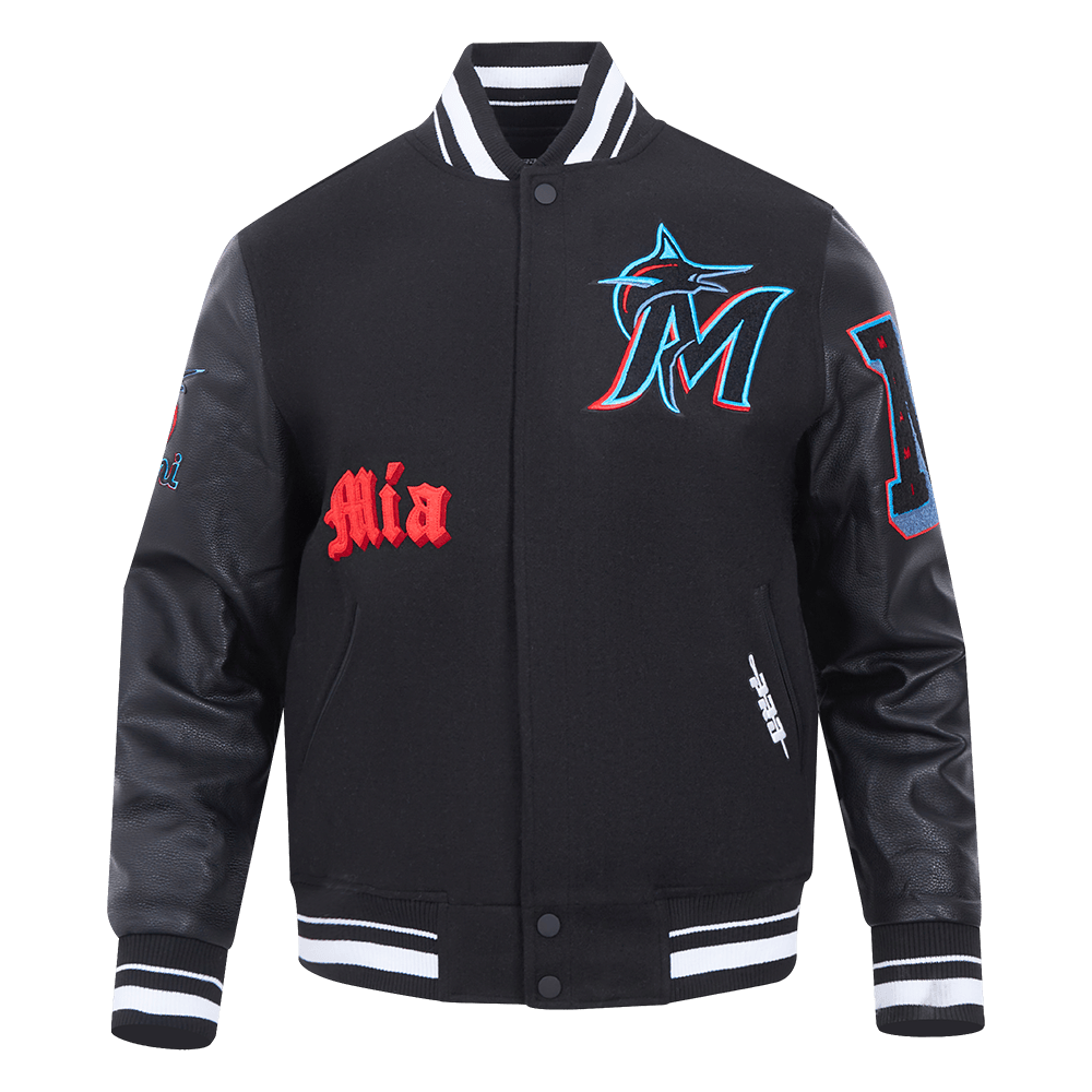 MLB MIAMI MARLINS OLD ENGLISH MEN'S RIB WOOL VARSITY JACKET (BLACK)