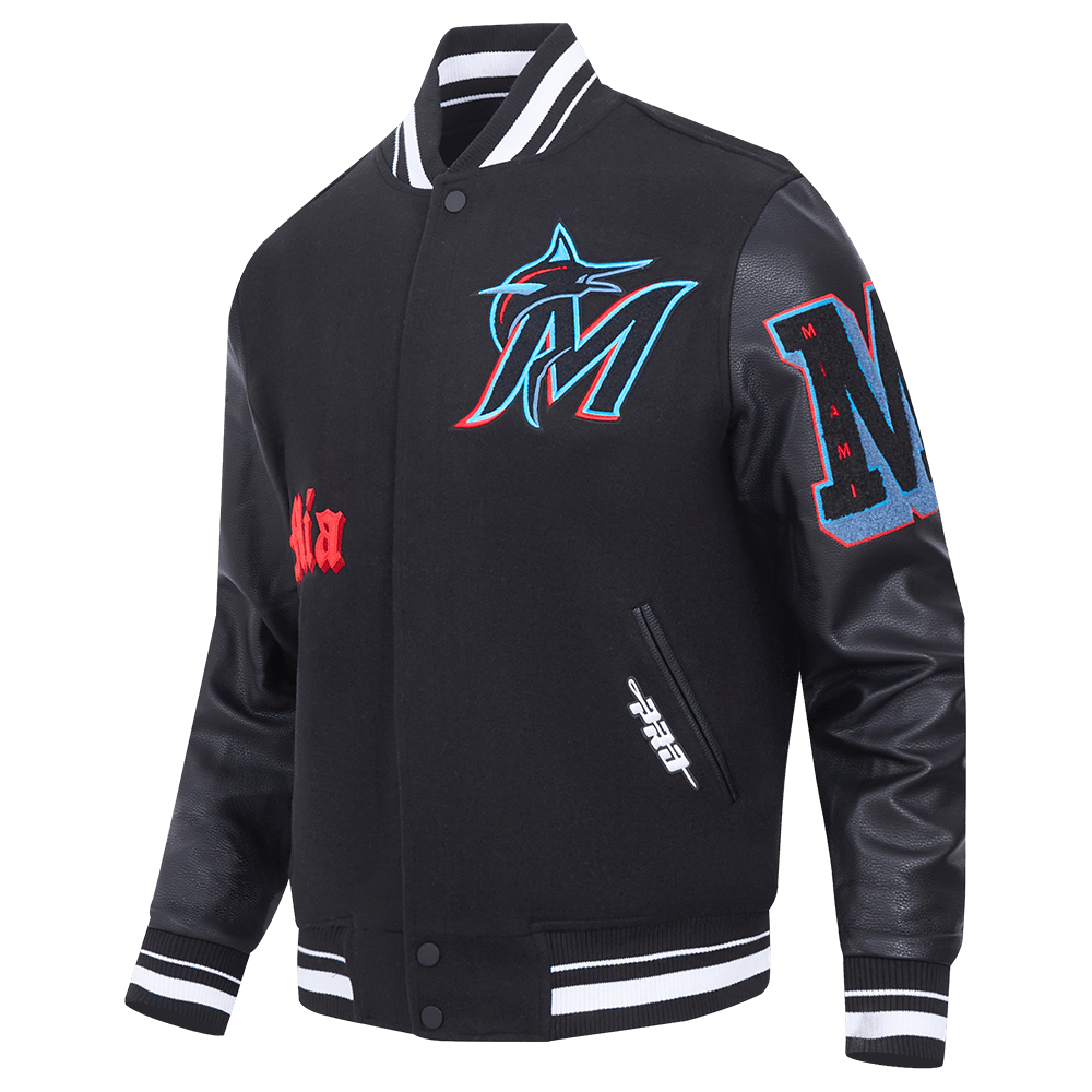 MLB MIAMI MARLINS OLD ENGLISH MEN'S RIB WOOL VARSITY JACKET (BLACK)