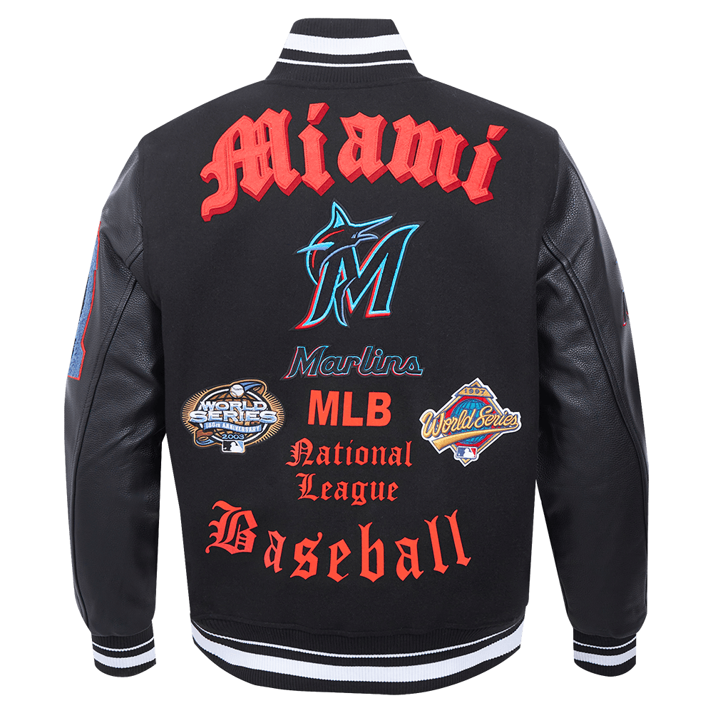 MLB MIAMI MARLINS OLD ENGLISH MEN'S RIB WOOL VARSITY JACKET (BLACK)
