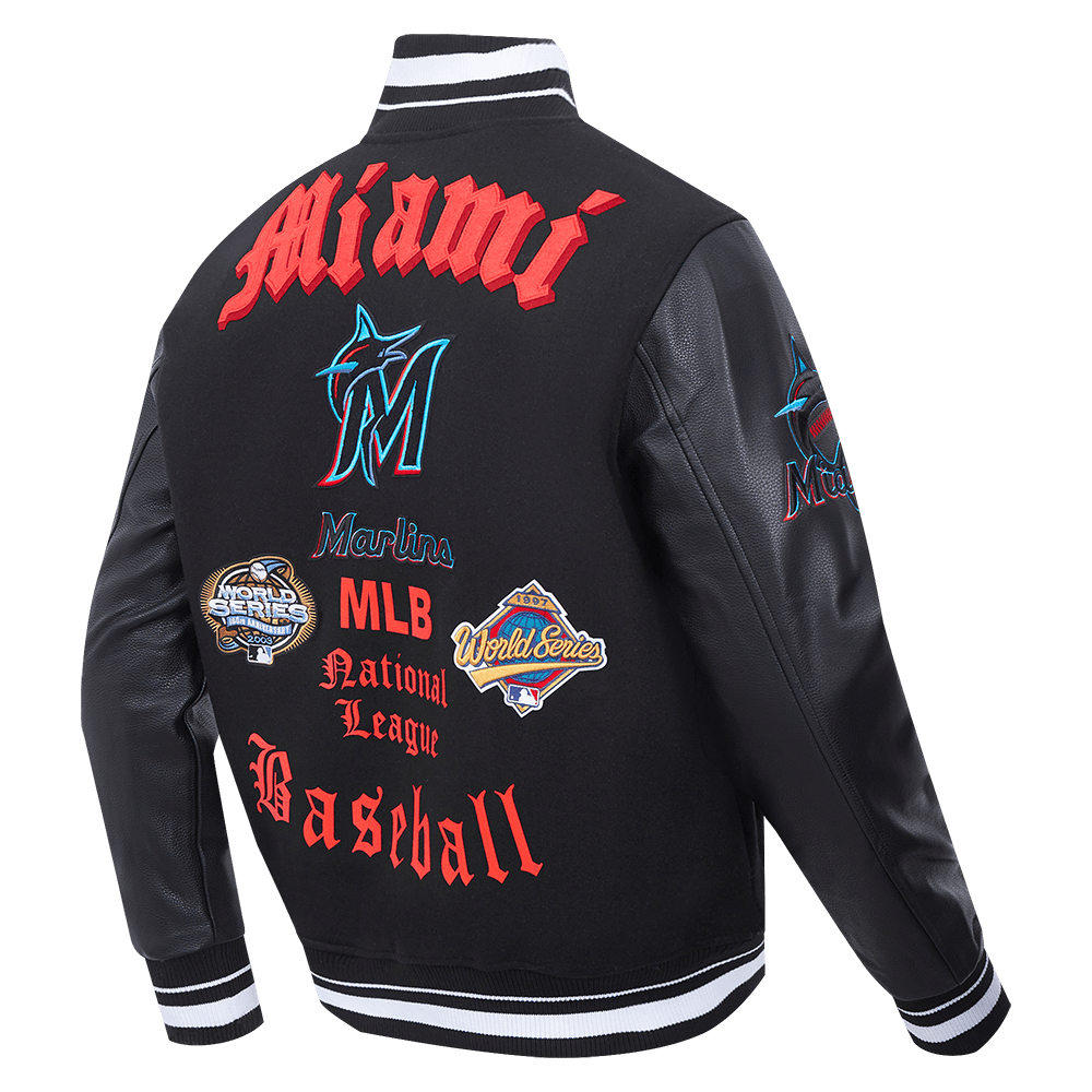MLB MIAMI MARLINS OLD ENGLISH MEN'S RIB WOOL VARSITY JACKET (BLACK)