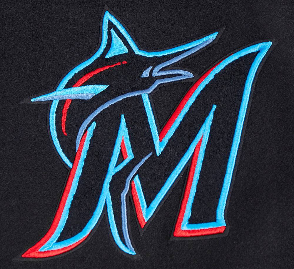 MLB MIAMI MARLINS OLD ENGLISH MEN'S RIB WOOL VARSITY JACKET (BLACK)