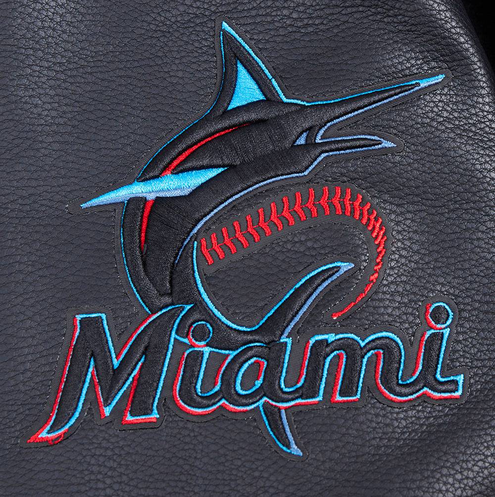 MLB MIAMI MARLINS OLD ENGLISH MEN'S RIB WOOL VARSITY JACKET (BLACK)