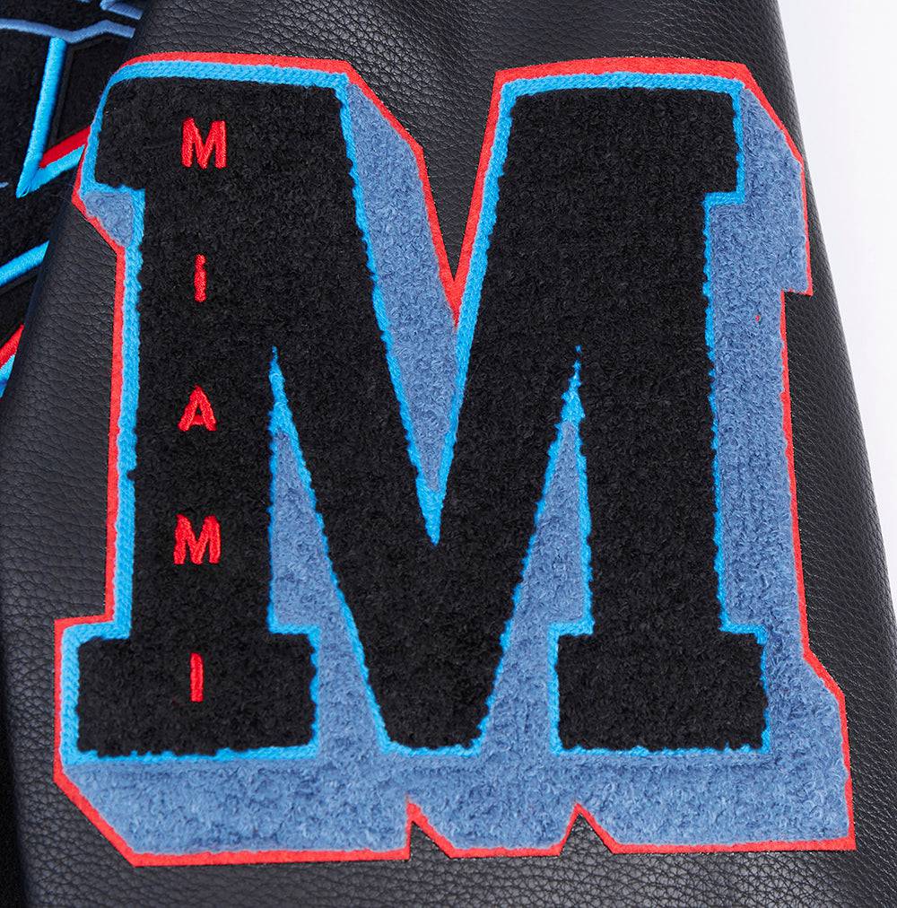MLB MIAMI MARLINS OLD ENGLISH MEN'S RIB WOOL VARSITY JACKET (BLACK)