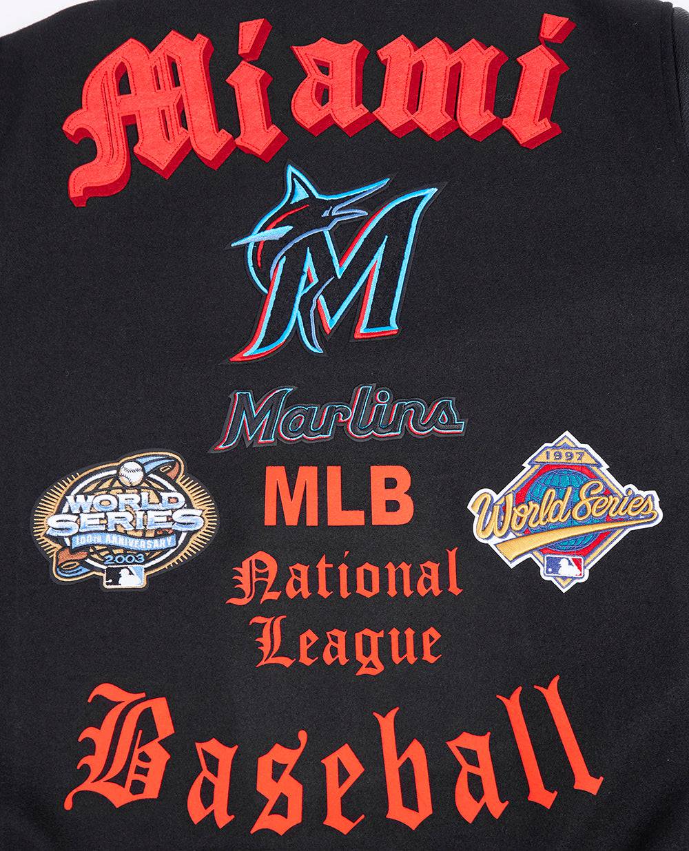 MLB MIAMI MARLINS OLD ENGLISH MEN'S RIB WOOL VARSITY JACKET (BLACK)