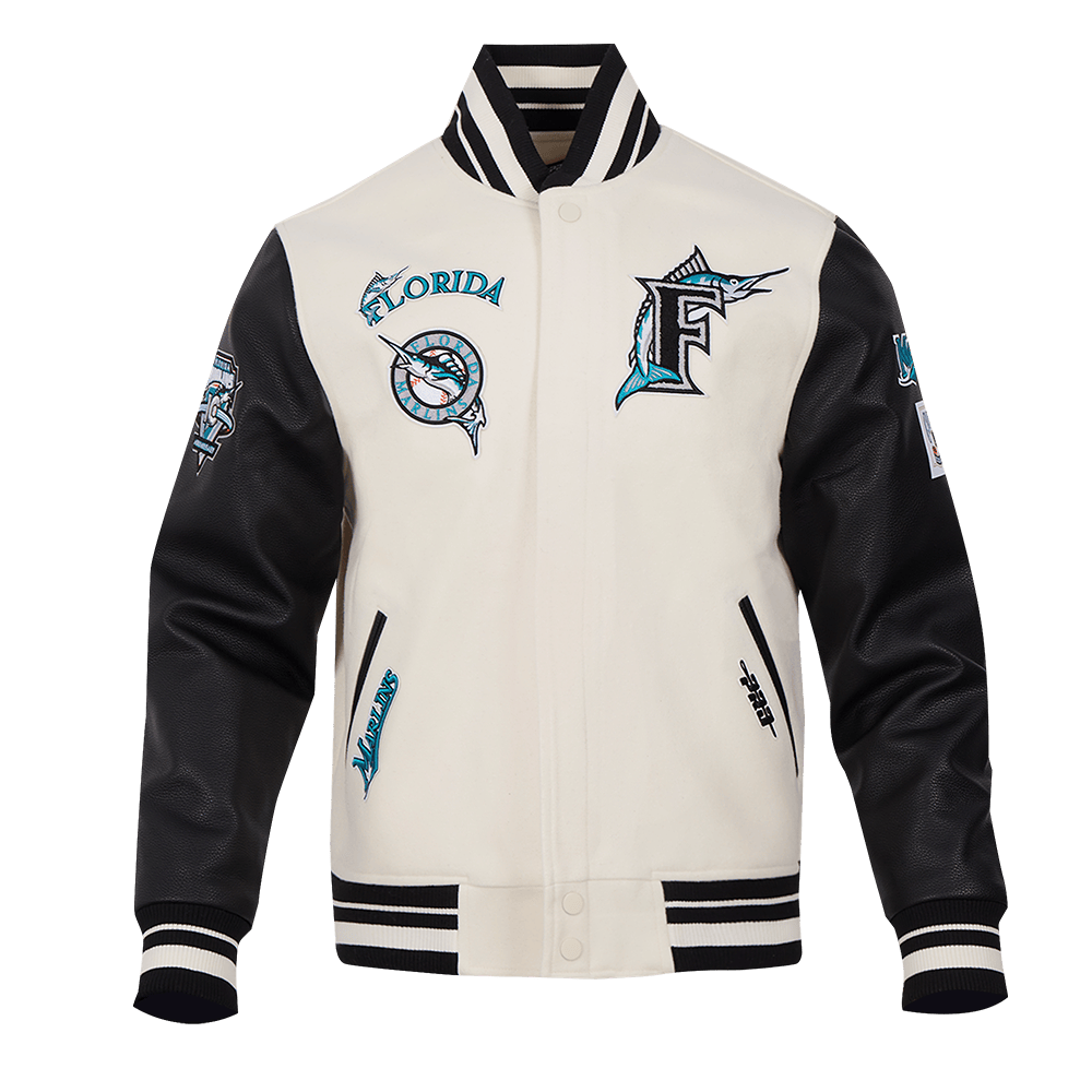 MLB FLORIDA MARLINS RETRO CLASSIC MEN'S RIB WOOL VARSITY JACKET (EGGSHELL/BLACK)