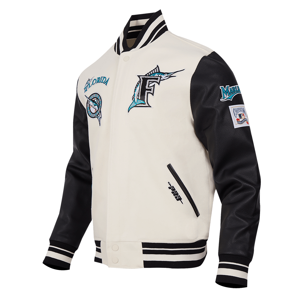 MLB FLORIDA MARLINS RETRO CLASSIC MEN'S RIB WOOL VARSITY JACKET (EGGSHELL/BLACK)