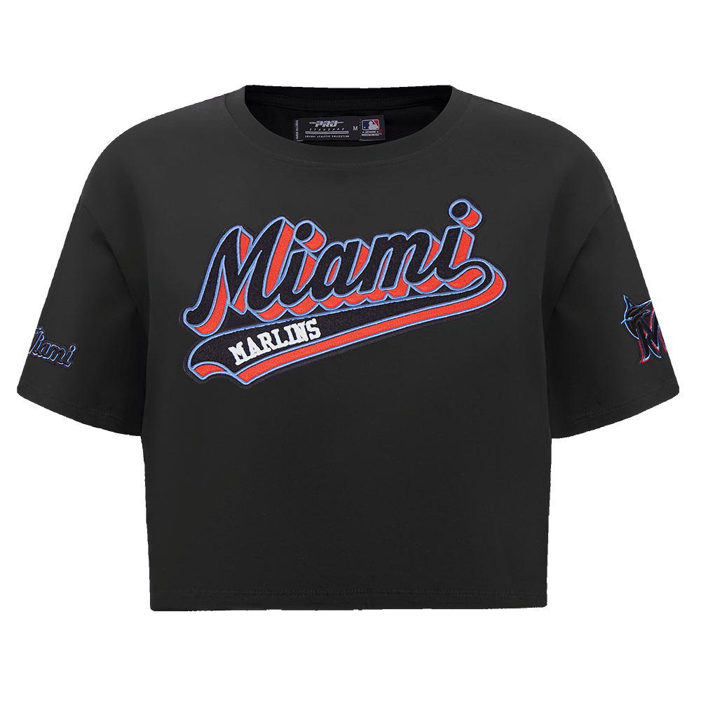 MLB MIAMI MARLINS SCRIPT TAIL WOMEN'S SINGLE JERSEY BOXY TOP (BLACK)