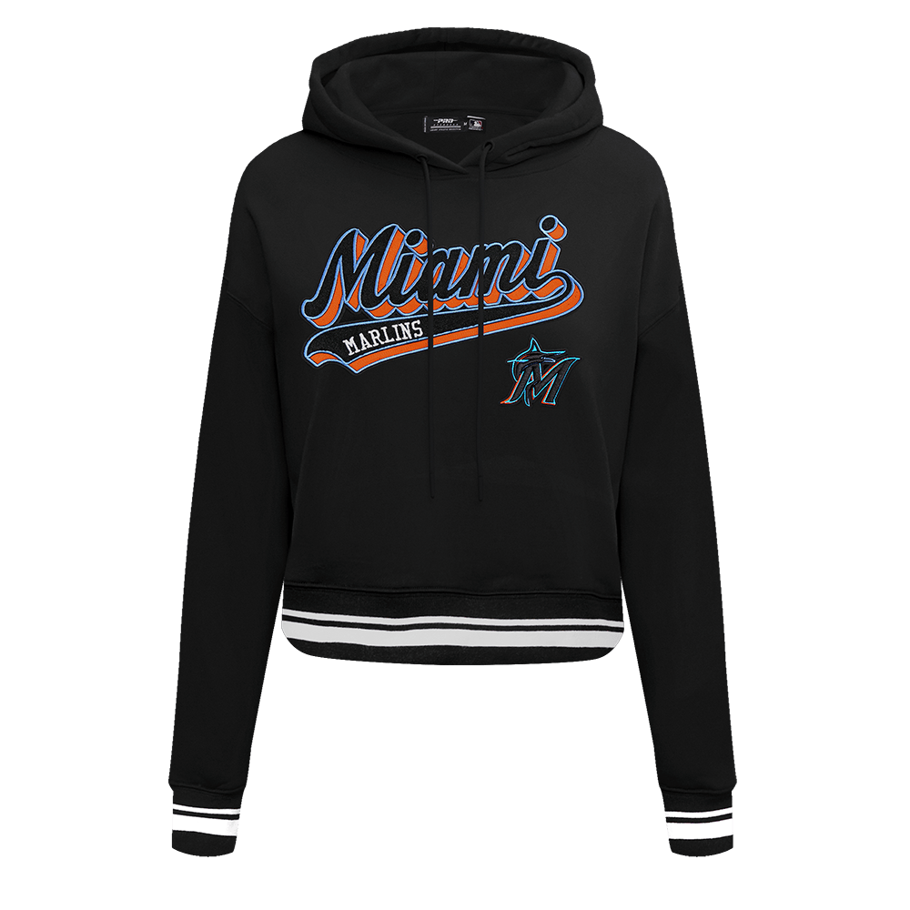 MLB MIAMI MARLINS SCRIPT TAIL WOMEN'S RIB FLEECE CROPPED PULLOVER HOODIE (BLACK)
