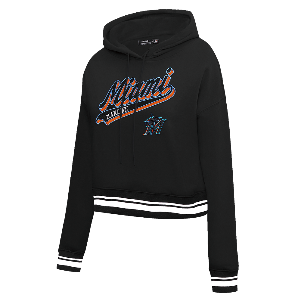 MLB MIAMI MARLINS SCRIPT TAIL WOMEN'S RIB FLEECE CROPPED PULLOVER HOODIE (BLACK)