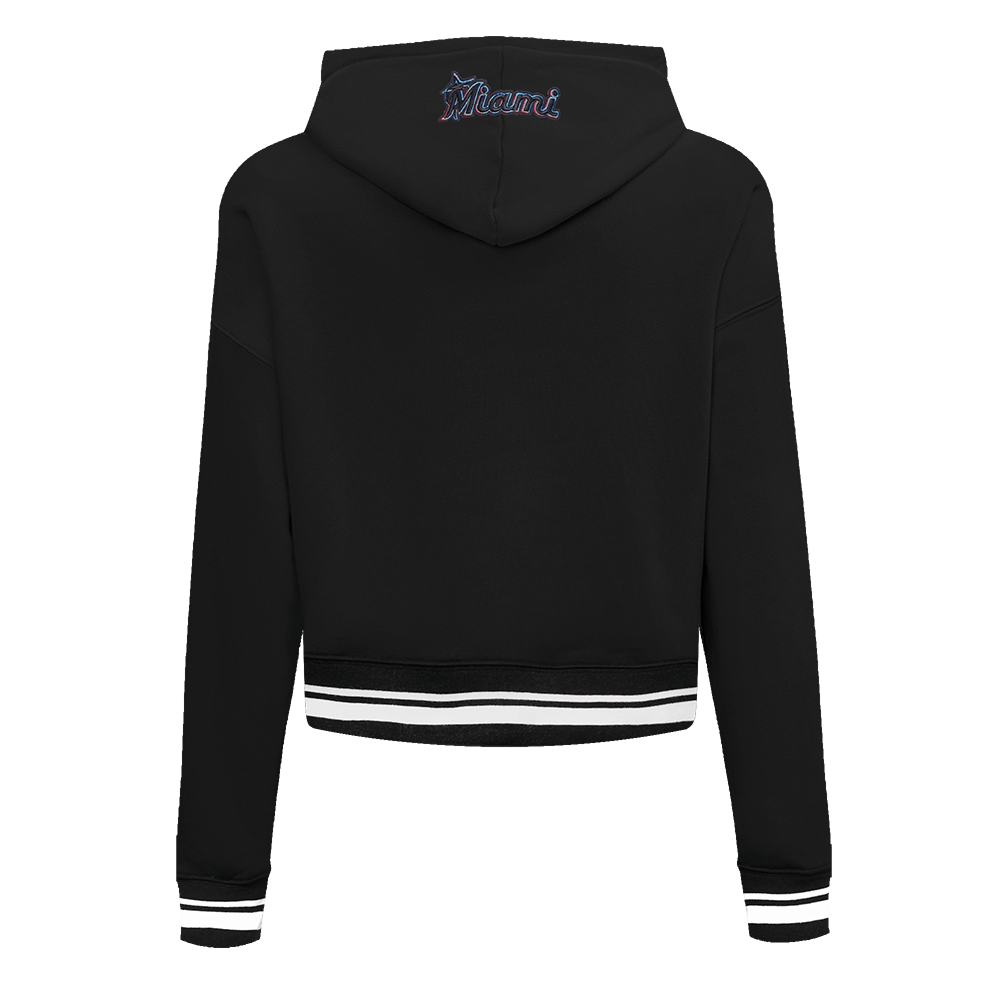 MLB MIAMI MARLINS SCRIPT TAIL WOMEN'S RIB FLEECE CROPPED PULLOVER HOODIE (BLACK)