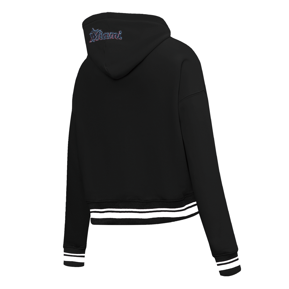 MLB MIAMI MARLINS SCRIPT TAIL WOMEN'S RIB FLEECE CROPPED PULLOVER HOODIE (BLACK)