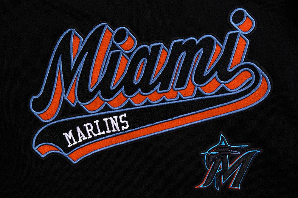 MLB MIAMI MARLINS SCRIPT TAIL WOMEN'S RIB FLEECE CROPPED PULLOVER HOODIE (BLACK)