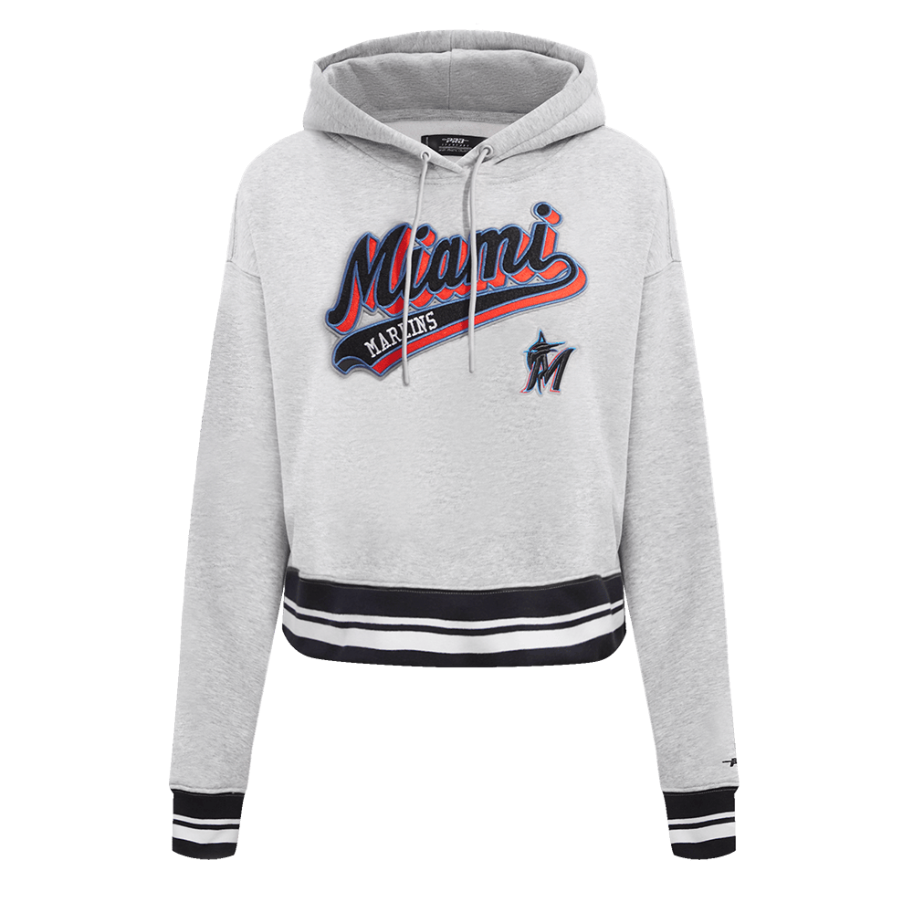 MLB MIAMI MARLINS SCRIPT TAIL WOMEN'S RIB FLEECE CROPPED PULLOVER HOODIE (HEATHER GRAY/BLACK)