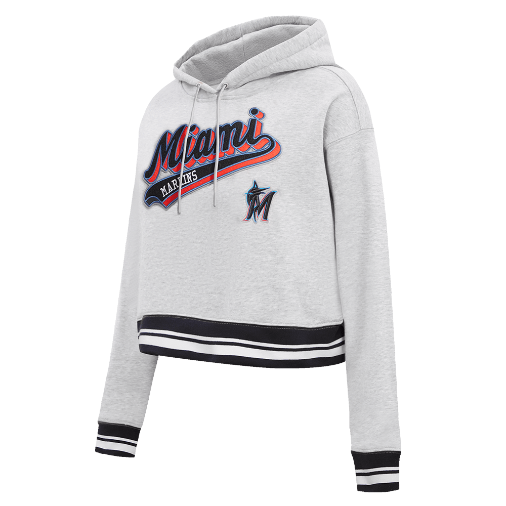 MLB MIAMI MARLINS SCRIPT TAIL WOMEN'S RIB FLEECE CROPPED PULLOVER HOODIE (HEATHER GRAY/BLACK)