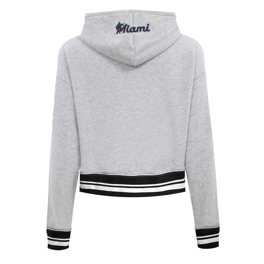 MLB MIAMI MARLINS SCRIPT TAIL WOMEN'S RIB FLEECE CROPPED PULLOVER HOODIE (HEATHER GRAY/BLACK)
