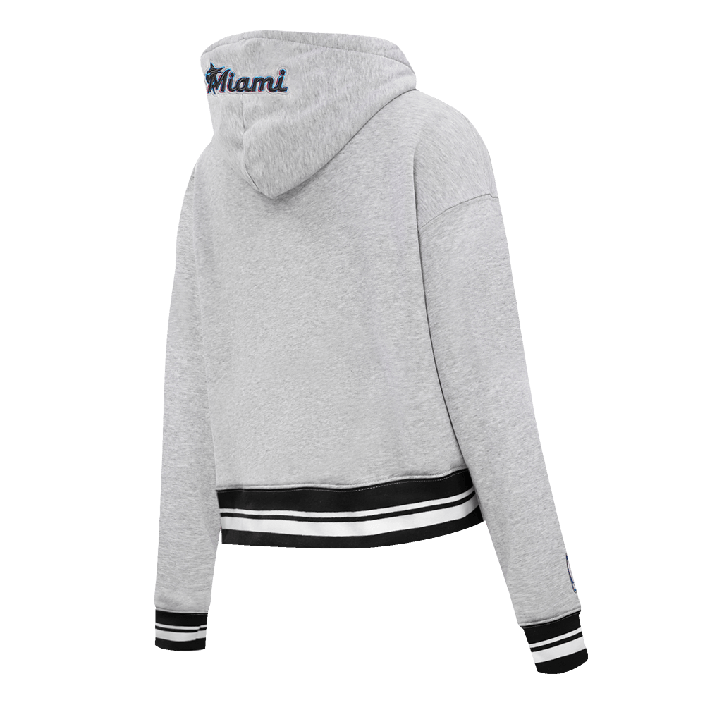 MLB MIAMI MARLINS SCRIPT TAIL WOMEN'S RIB FLEECE CROPPED PULLOVER HOODIE (HEATHER GRAY/BLACK)