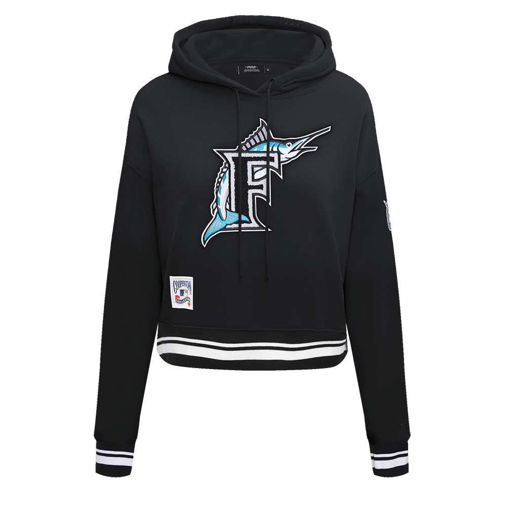 MLB FLORIDA MARLINS SUDADERA CORTA CON CAPUCHA RETRO CLÁSICA PARA MUJER (NEGRA)