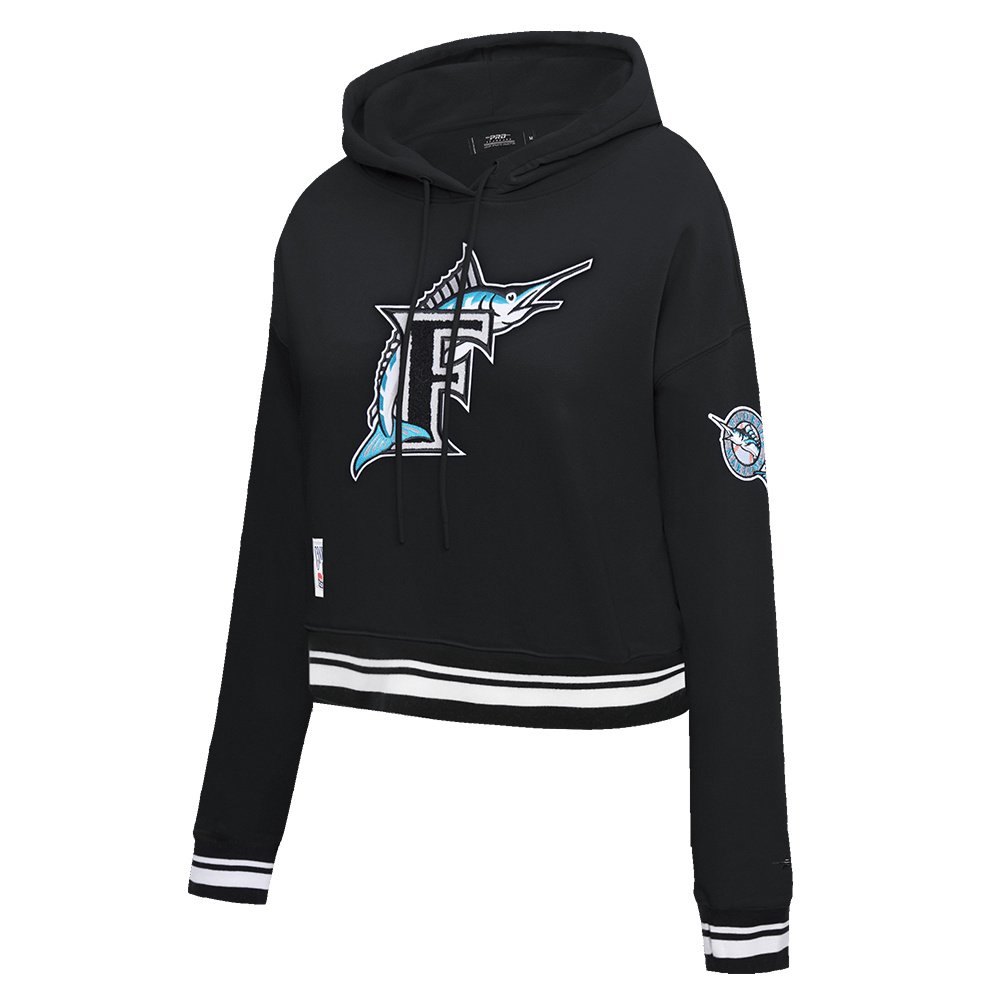 MLB FLORIDA MARLINS SUDADERA CORTA CON CAPUCHA RETRO CLÁSICA PARA MUJER (NEGRA)