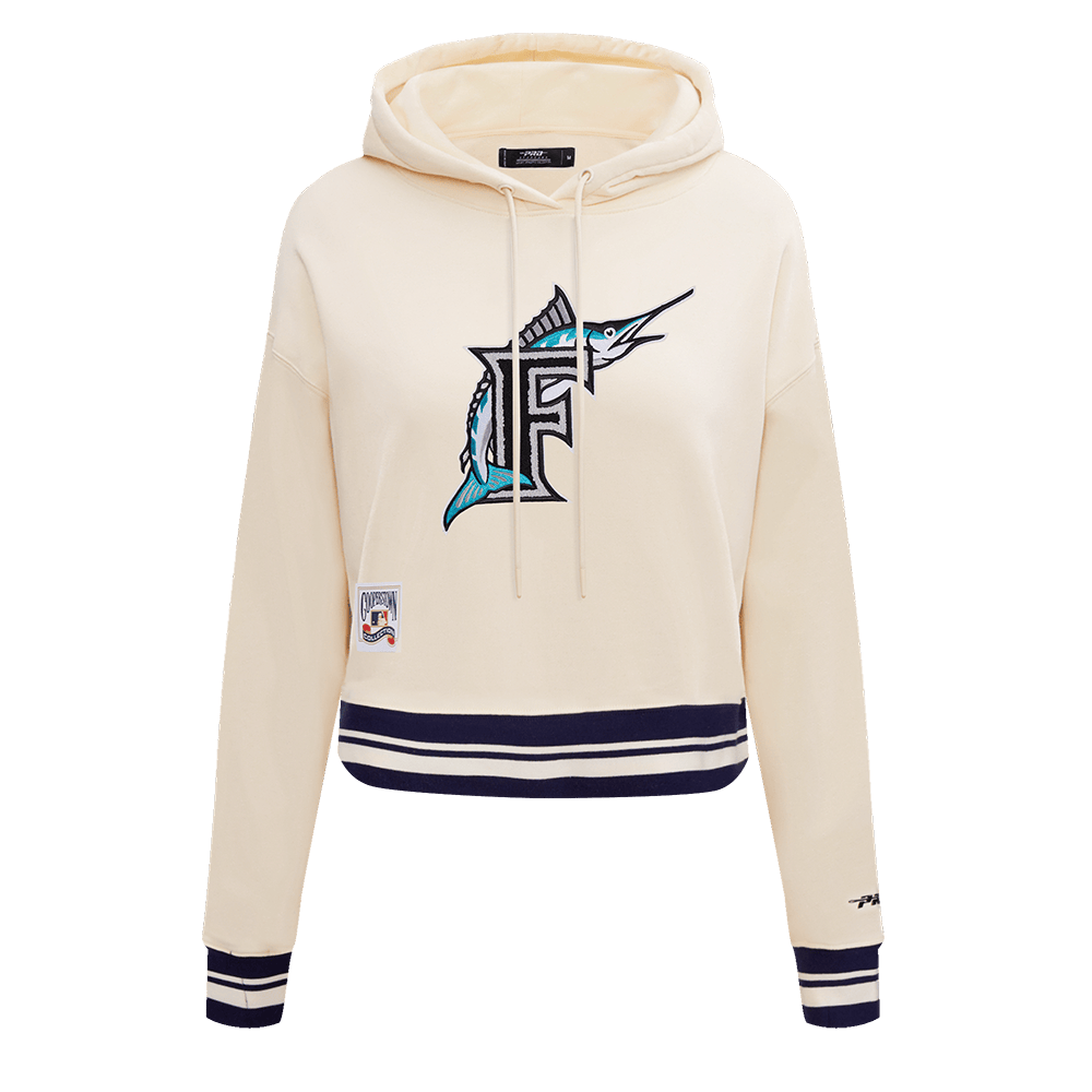 MLB FLORIDA MARLINS RETRO CLASSIC WOMEN'S CROPPED PULLOVER HOODIE (EGGSHELL/ BLACK)